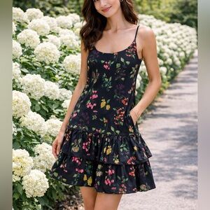 Cara Cara Tory A-line Dress Black Floral Ruffle Cami Camisole Sleeveless Mini XS